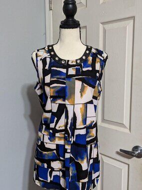Vintage Alfani Geometric Grommet Faux Leather Neck Sleeveless Top Size 6